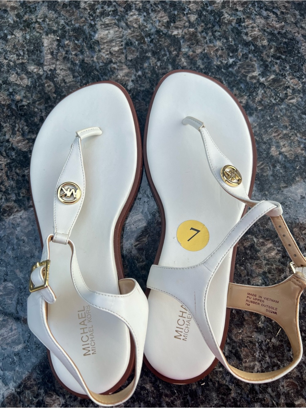 MICHAEL Michael Kors White Leather T-Strap Sandals with Gold Logo